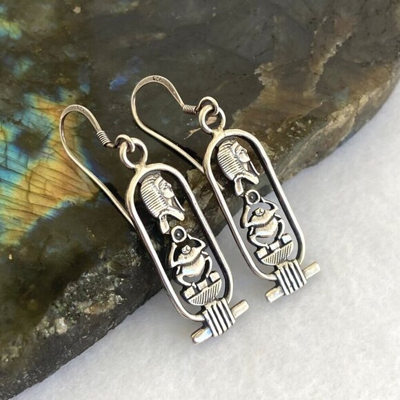 Sterling Silver 925 Egyptian Amulet Hieroglyph Scarab Cartouche Dangle Earrings - Picture 3 of 16